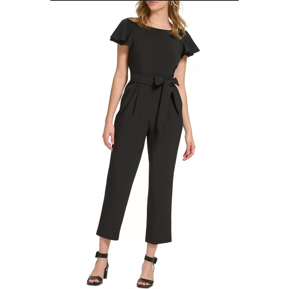 Calvin Klein Black‎ Flutter Sleeve Cropped Wide Leg Jumpsuit Size 6 Tie Waist